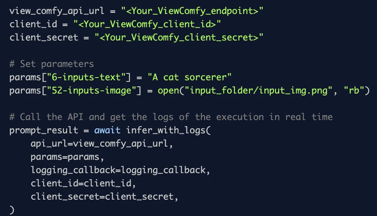 ViewComfy API Endpoint Example ViewComfy API endpoint Python code example. ViewComfy APIs are a simple way to turn ComfyUI workflows into serverless APIs.